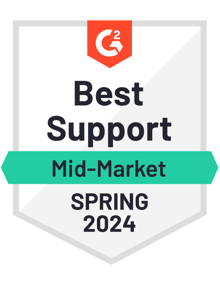 G2 badge for Best Support - Mid-Market for Spring 2024