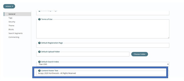 Copyright line in Titan CMS 7.0 admin