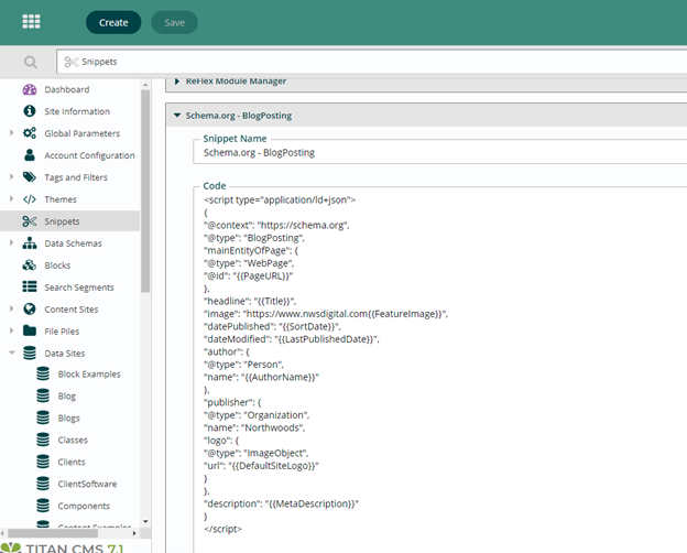 Example of blog schema code in Titan CMS Snippets Manager