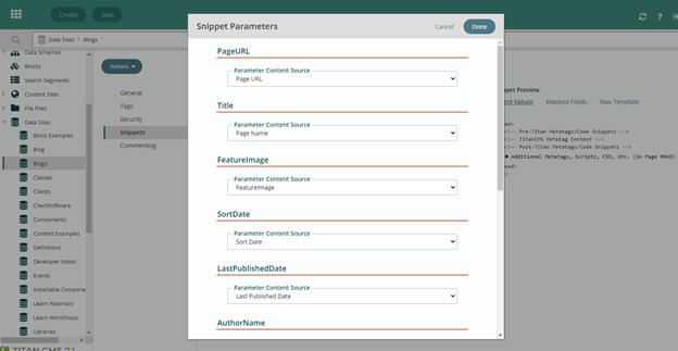 Example of blog schema in Titan CMS Snippets Manager