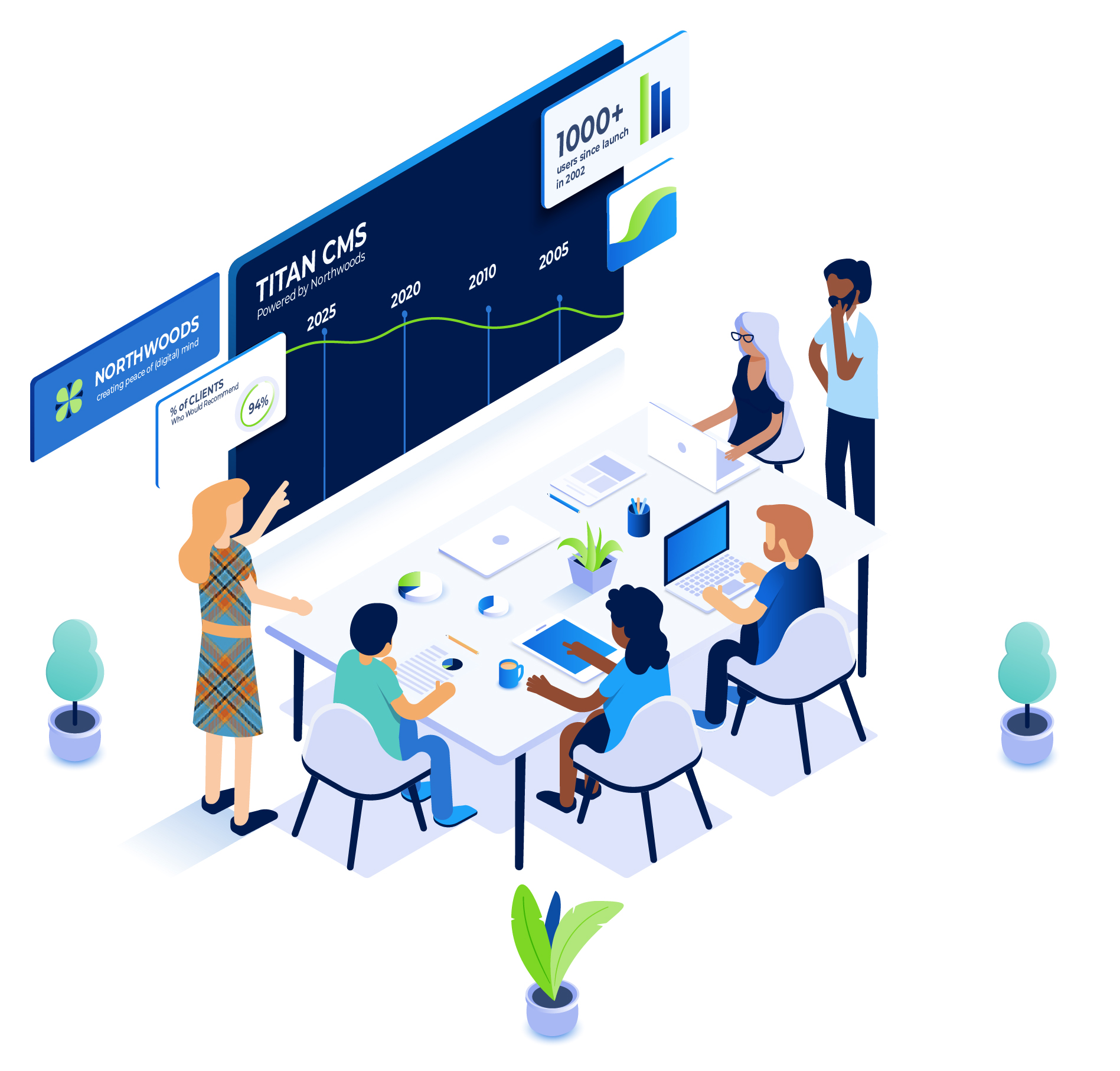 A colorful vector art image of business people meeting at a conference table reviewing data