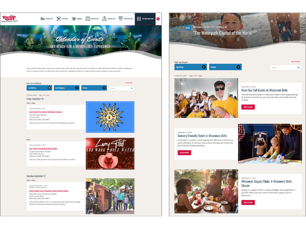 Wisconsin Dells Visitor & Convention Bureau website Calendar page and Blog