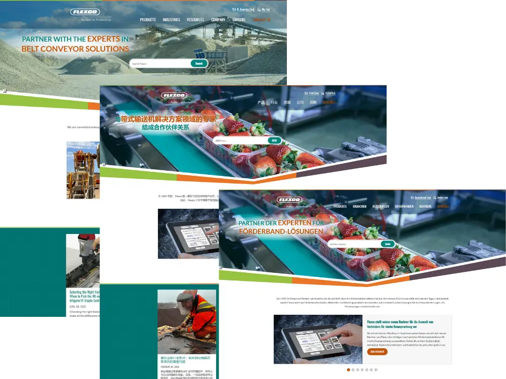 Images from three of Flexco's websites showing content delivered in different languages to appeal to different geographically based audiences