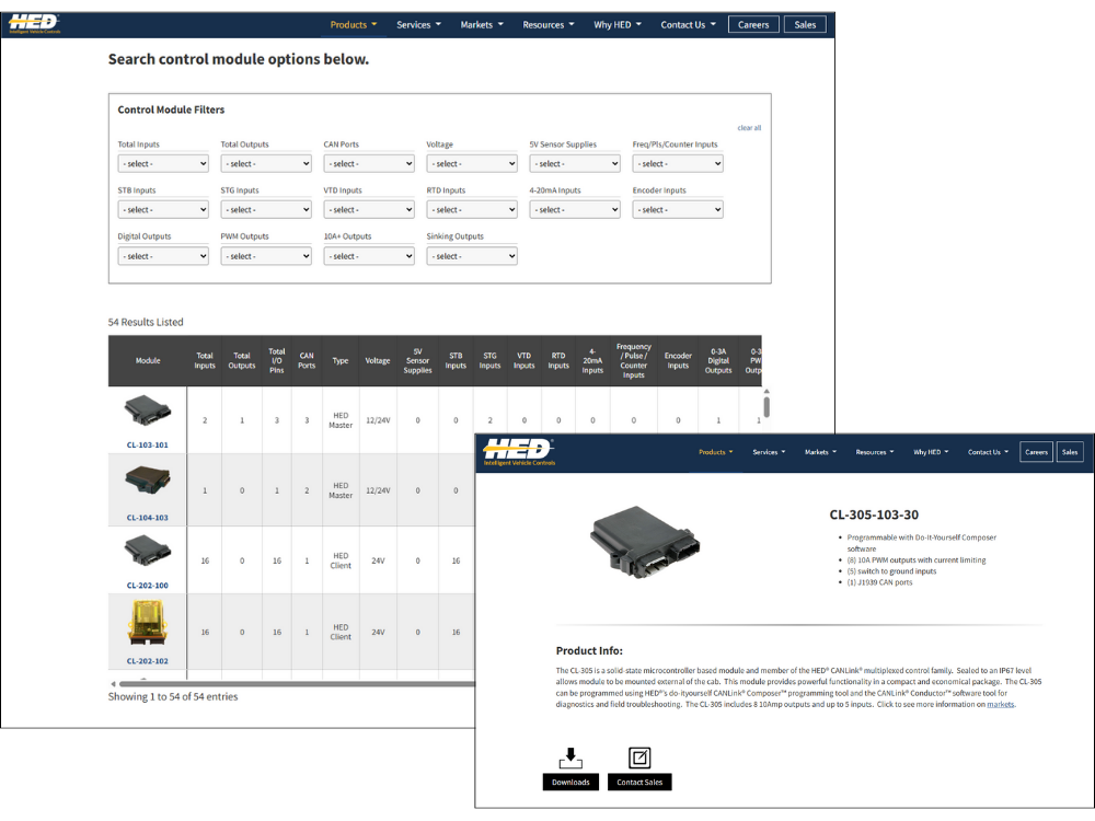 Images from HED's product filter landing and product detail website pages
