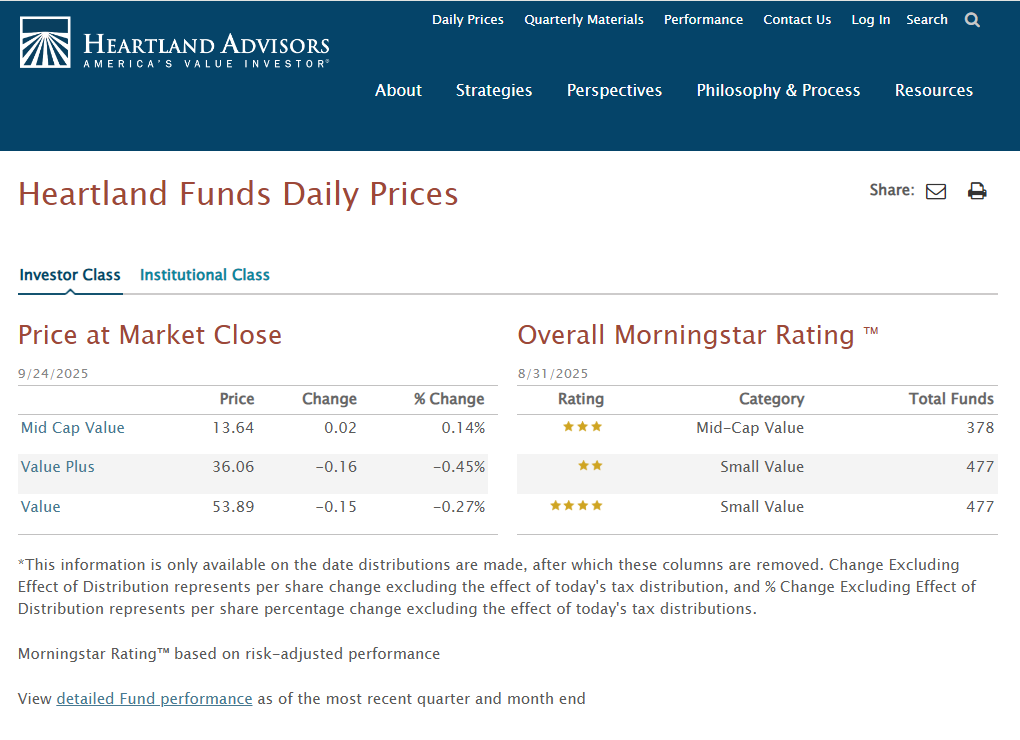 An example of Heartland Advisors' daily pricing page, which relies on seamless data integration with Titan CMS