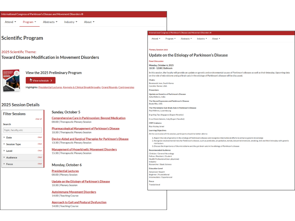 An example of Titan CMS Calendar Add-In functionality from the International Parkinson and Movement Disorder Society website.