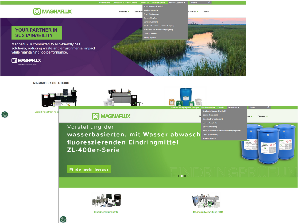 An example of Titan CMS' browser-based geolocation capabilities on the Magnaflux website, which show the correct version of the site based on the user's location.