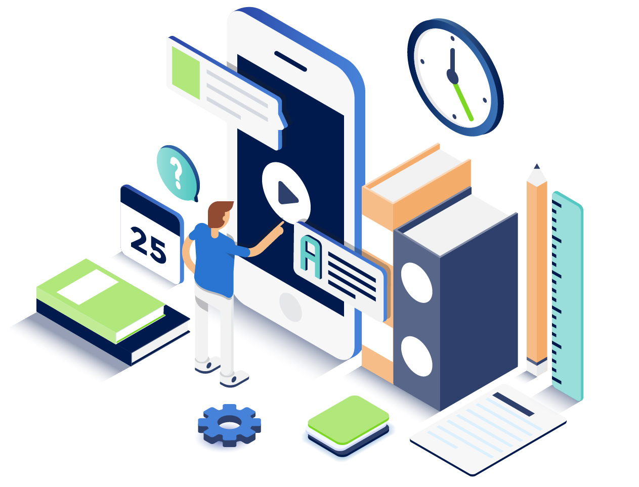 A colorful vector art image of a person using technology surrounded by books, a clock and other items