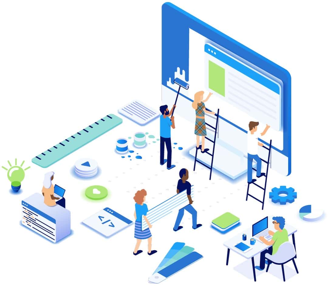 A colorful vector art image of people using technology.