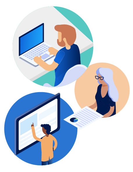 A colorful vector art image featuring a person in each of three circles, one using a computer, one reading a document and the other pointing to a screen.