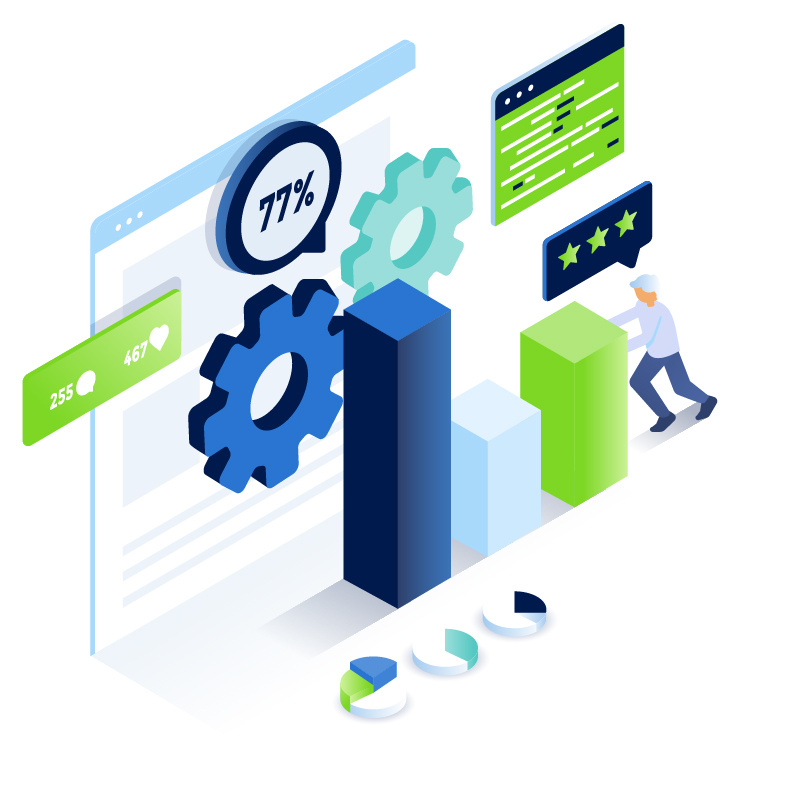 A colorful vector art image of a person pushing a three dimensional bar chart in front of layers of visual data.