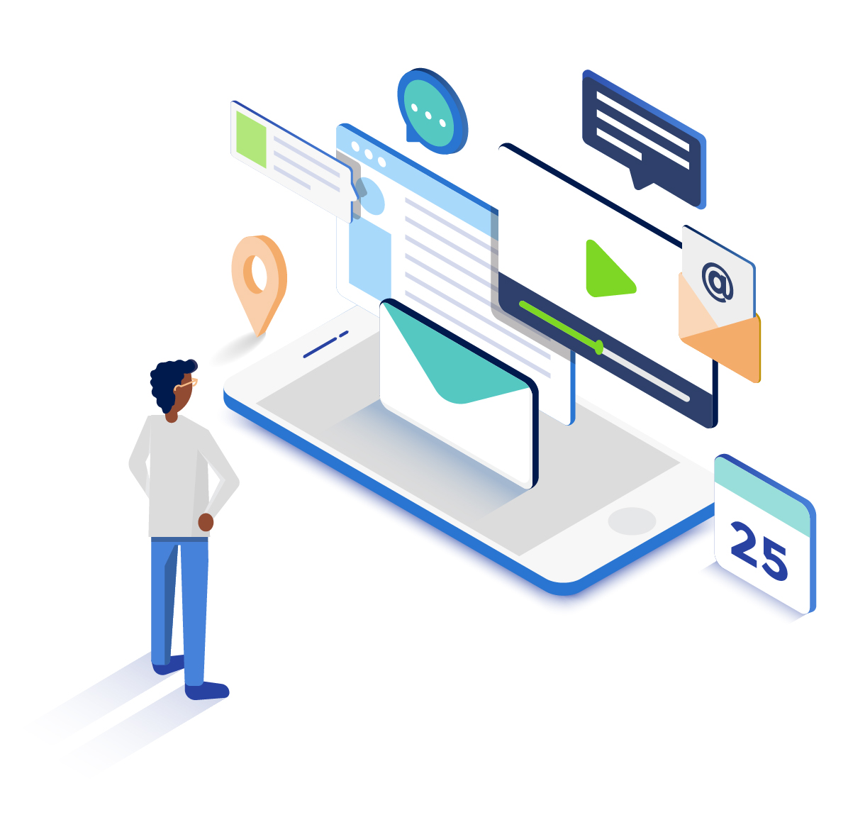 A colorful vector art image of a person staring at a computer screen surrounded by various digital icons