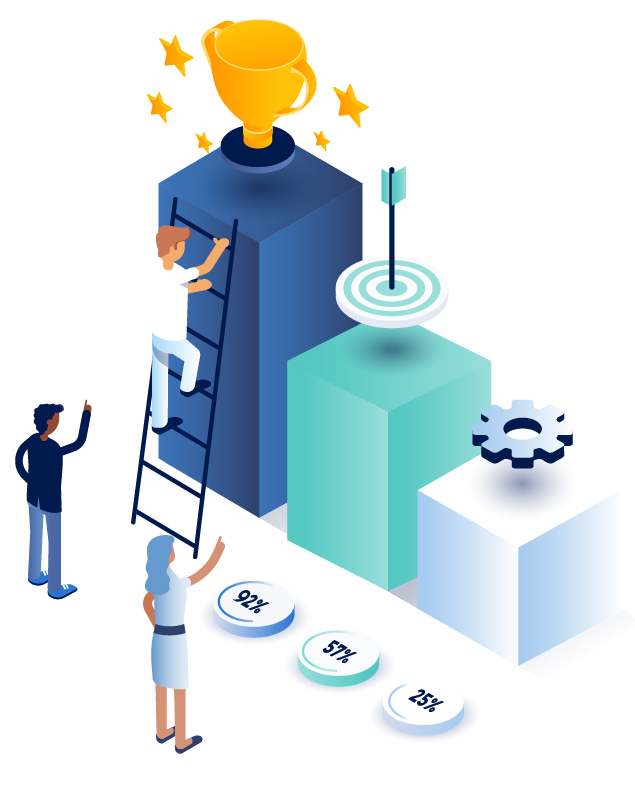 A colorful vector art image of people climbing a ladder to achieve results.