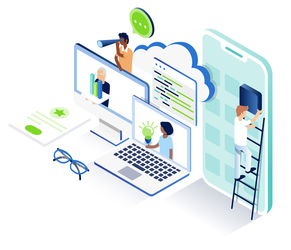 A colorful vector art image of people using various technology