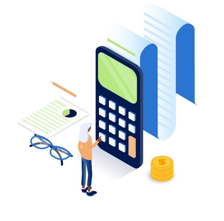 A colorful vector art image of a person using a calculator.