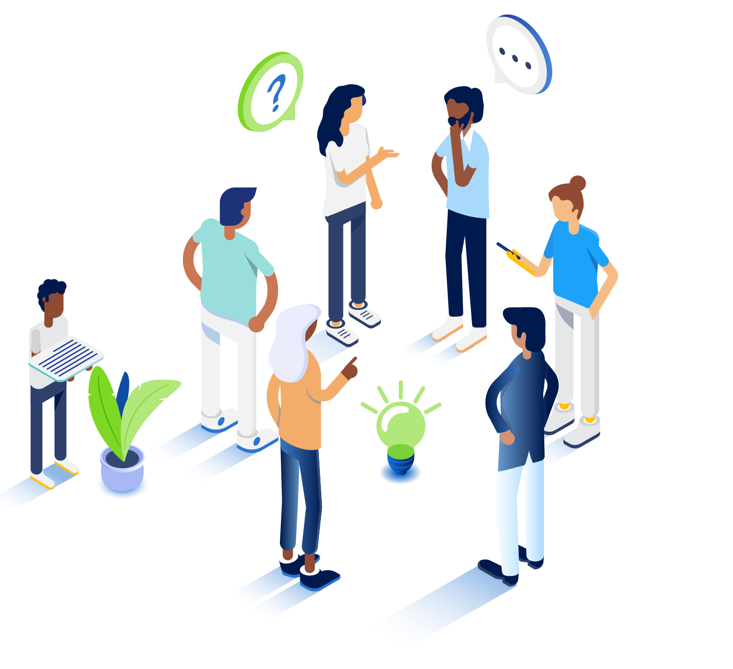 A colorful vector art image of a group of people talking to one another