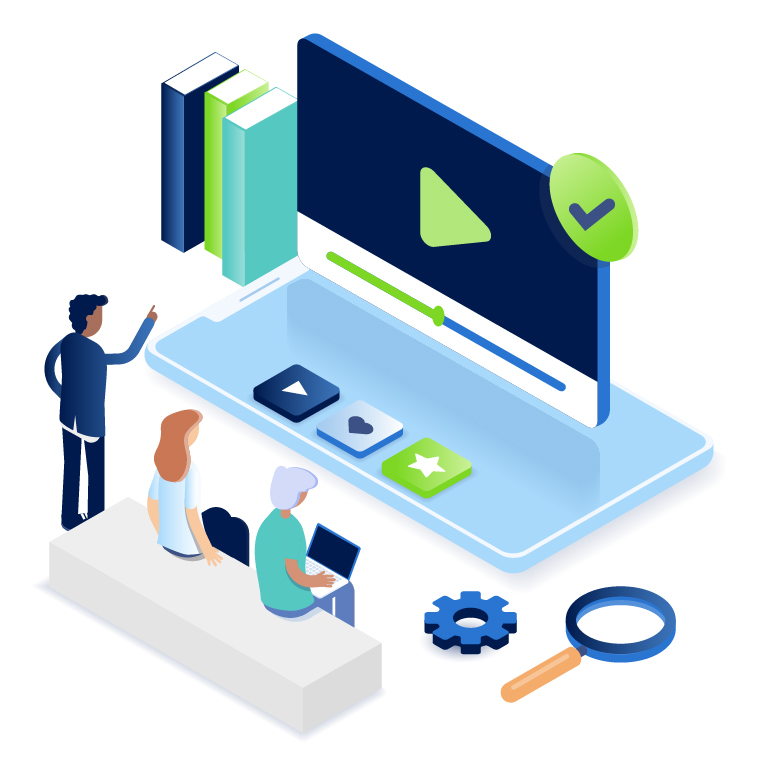 A colorful vector art image of people watching a computer screen