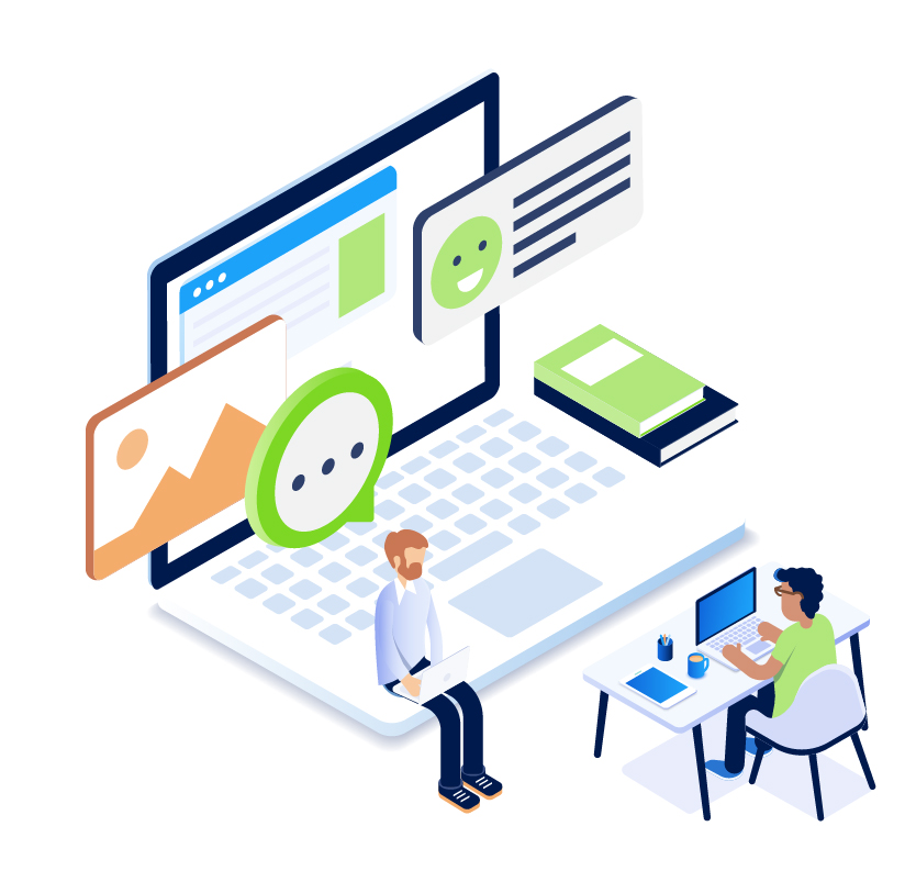 A vector art image of a person sitting at a desk talking with another person using a computer