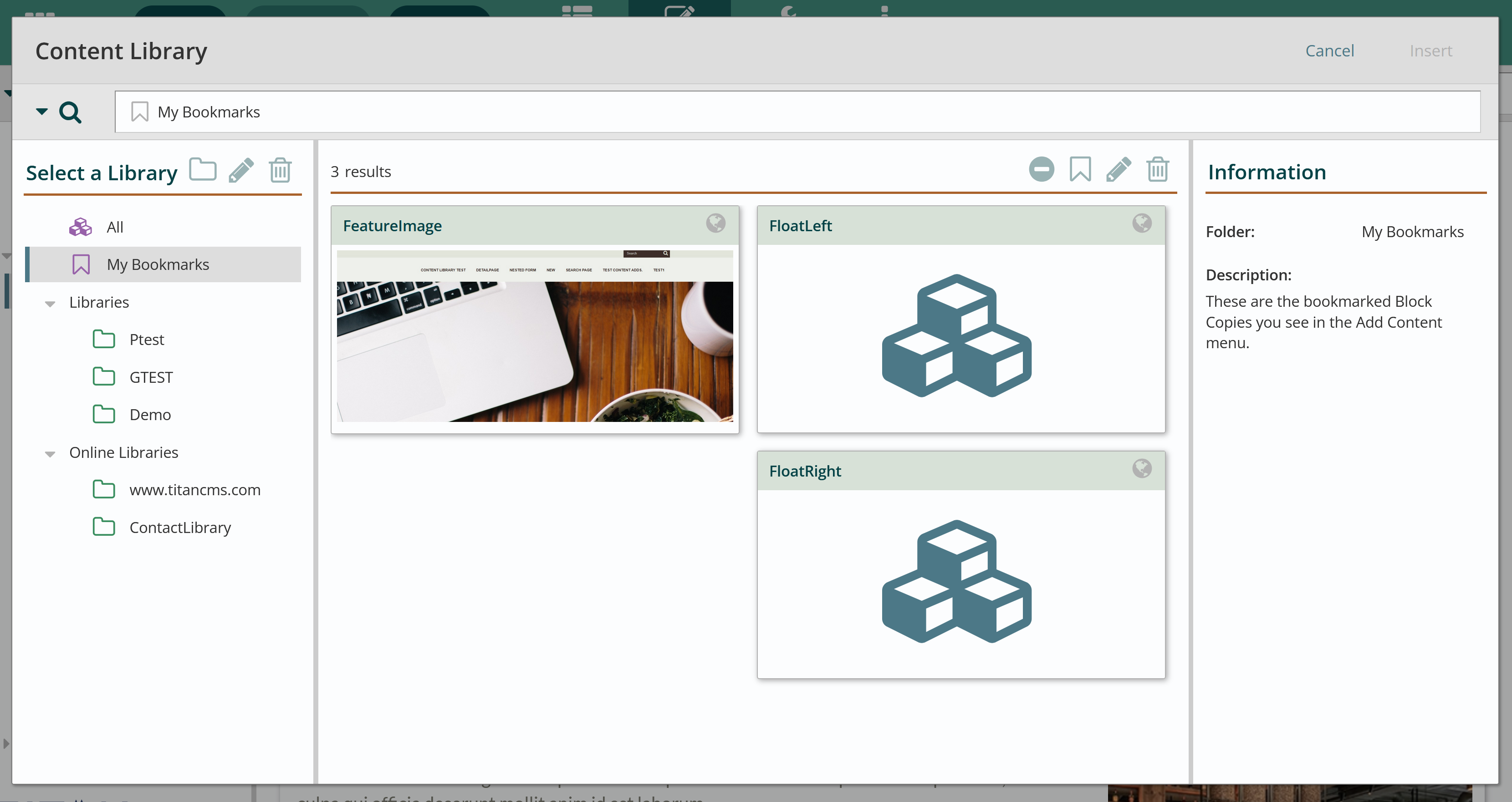 Content Library with My Bookmarks library open