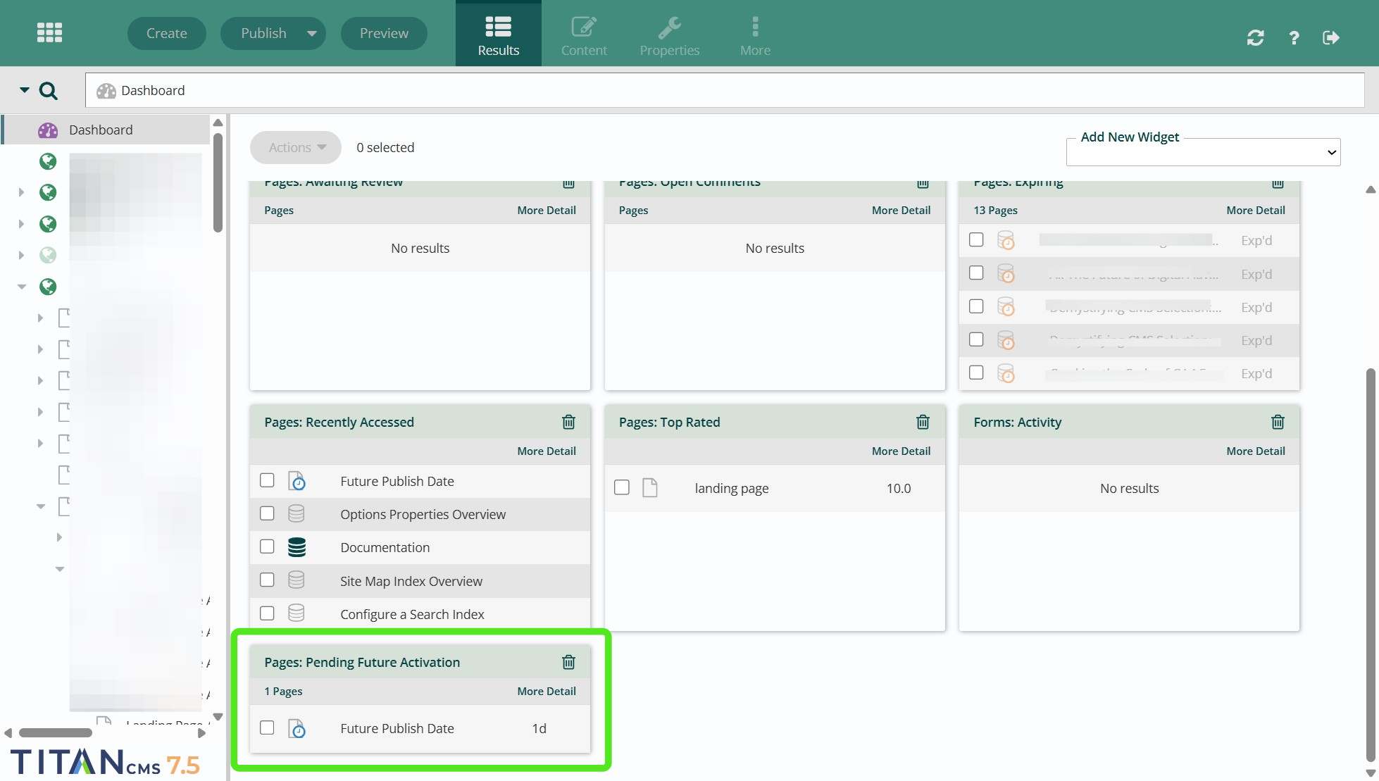 Dashboard with the new page visible