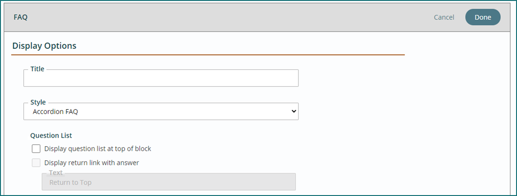 FAQ block display options screenshot