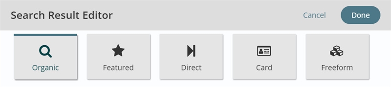 Workstation Interface - Search Results Editor - showing five buttons: Organic, Featured, Direct, Card, Freeform