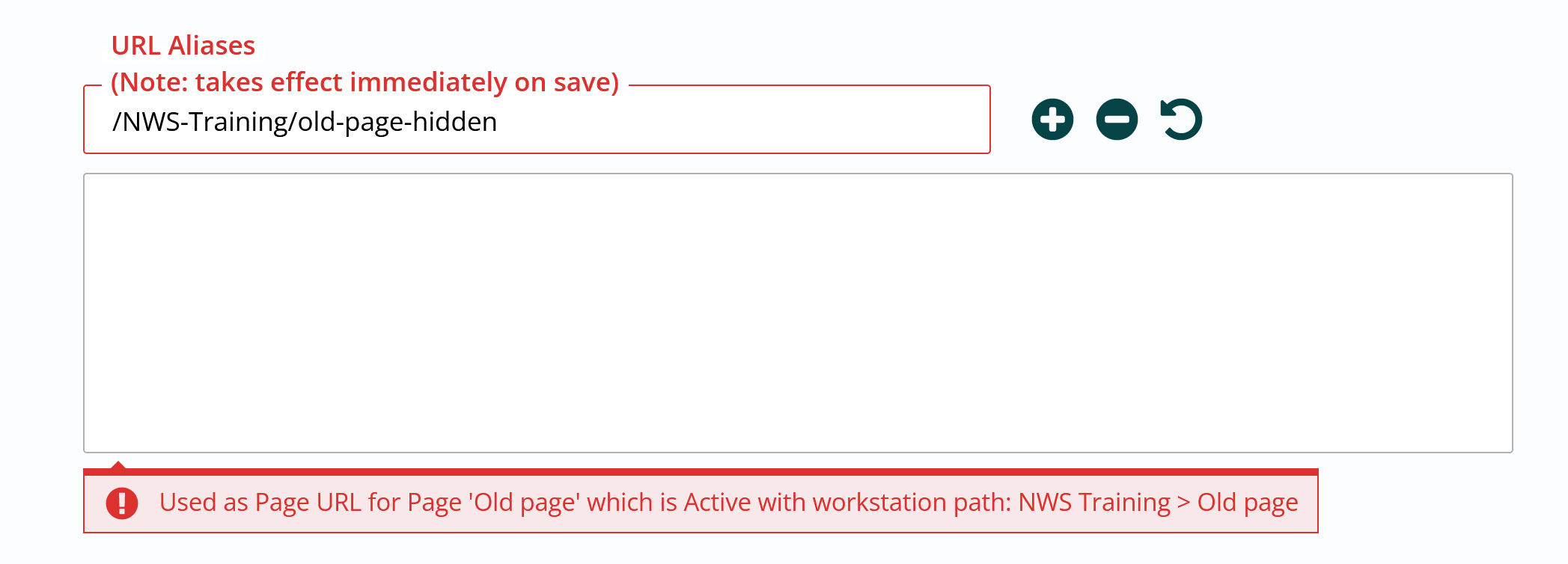 Error message for a page with a URL that is in use