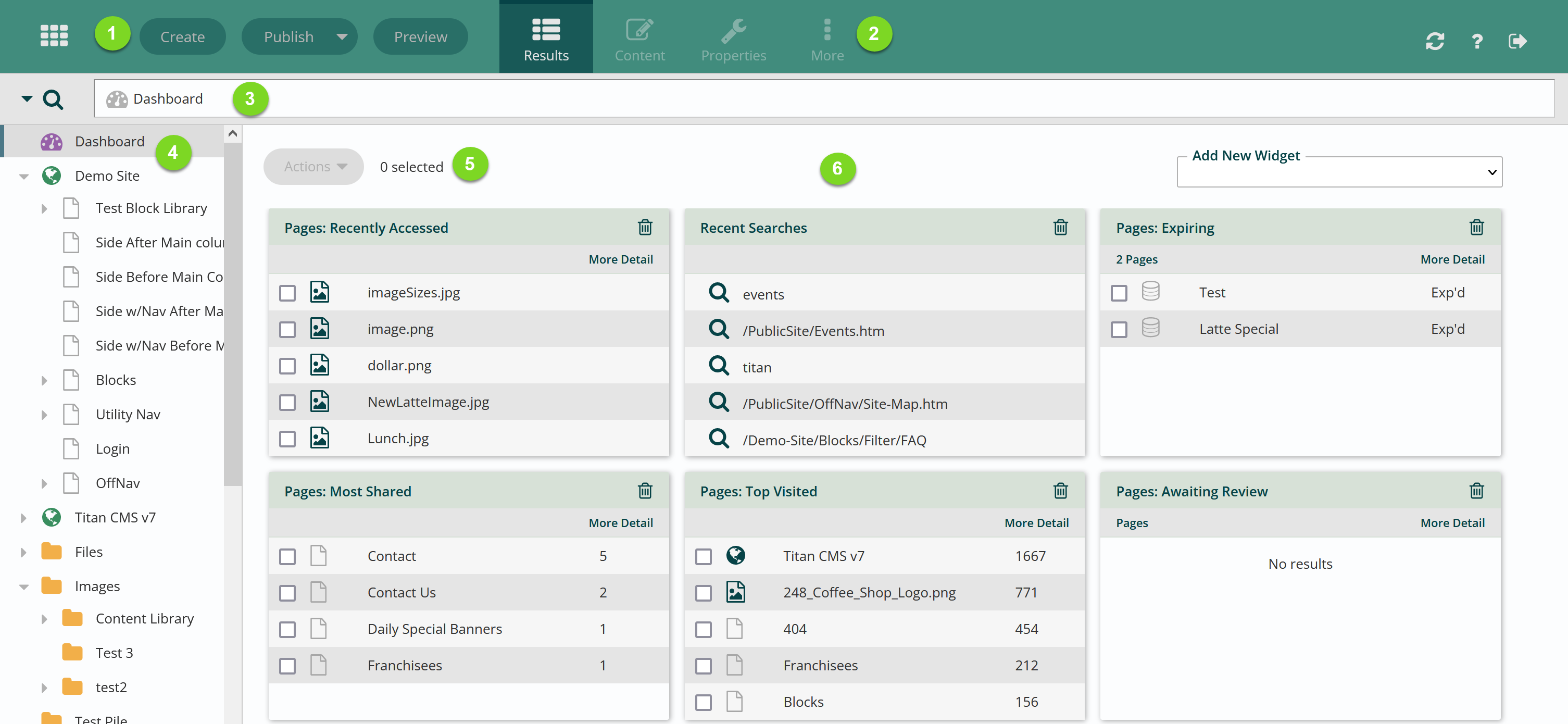 web content management module dashboard