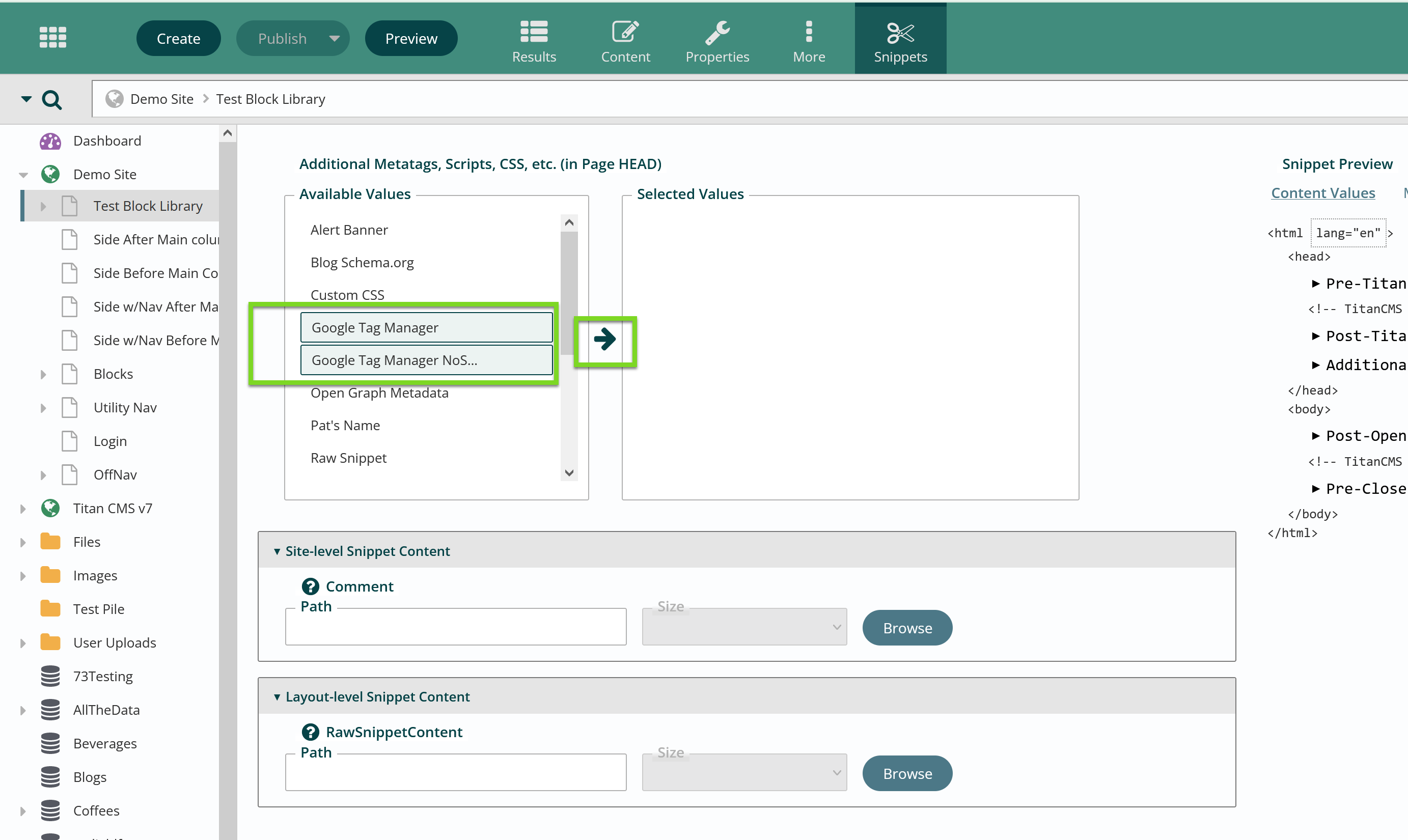 Adding snippets in a content page