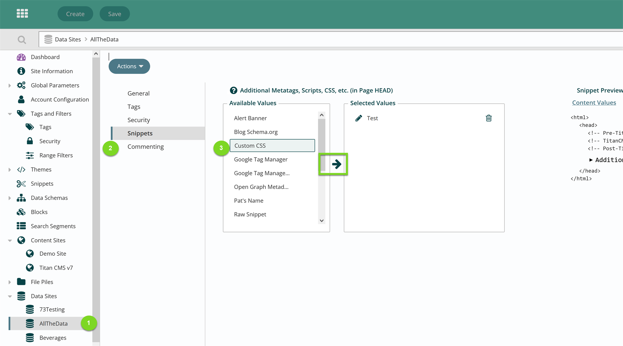 Adding snippets to a data site